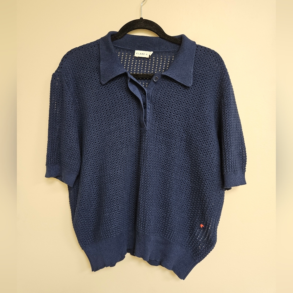 Clare V. Augustine Polo Size L Navy Blue Mesh Cotton Knit Top - Picture 3 of 12